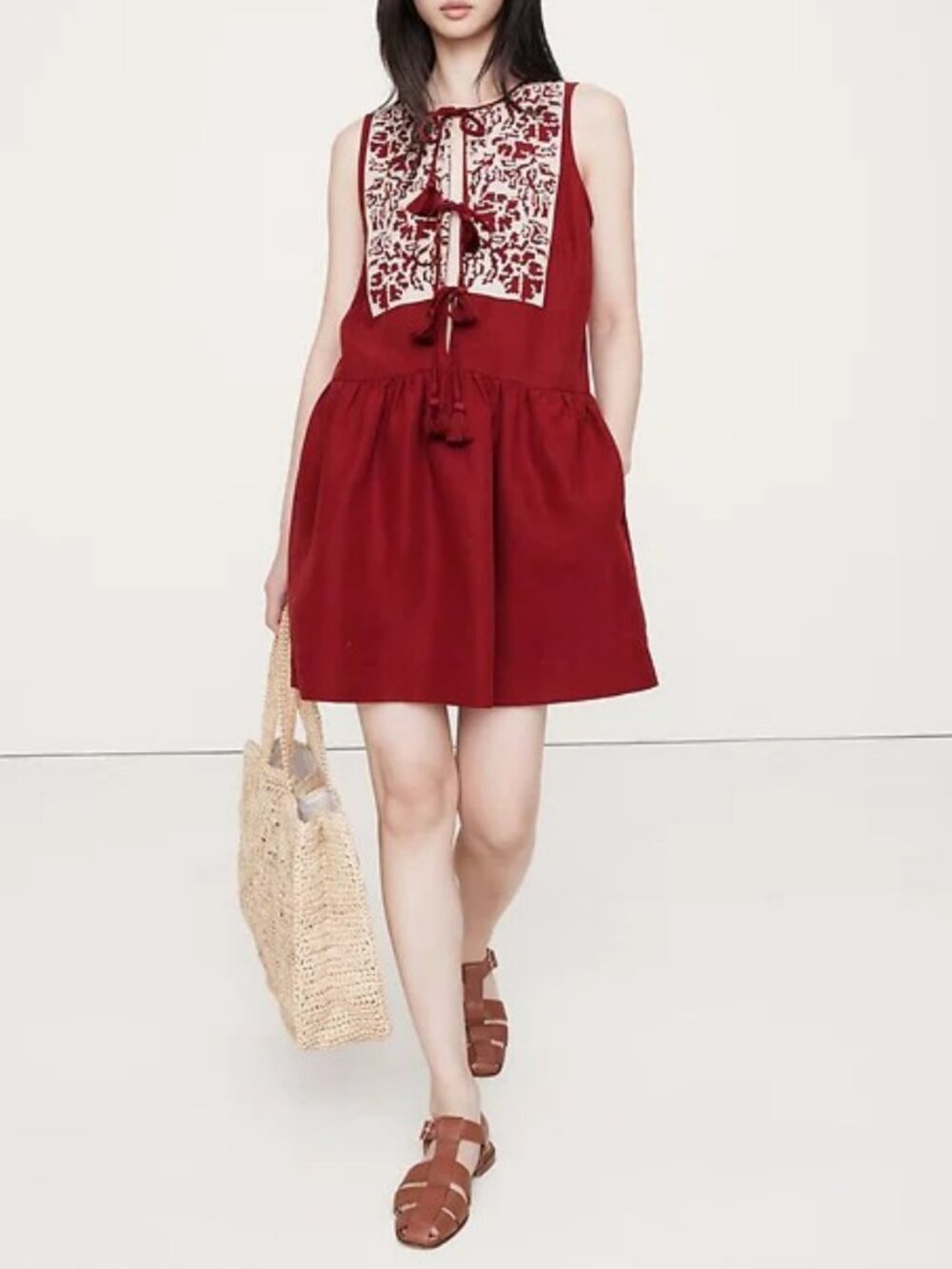 Retro Embroidered Tencel & Linen Mini Dress